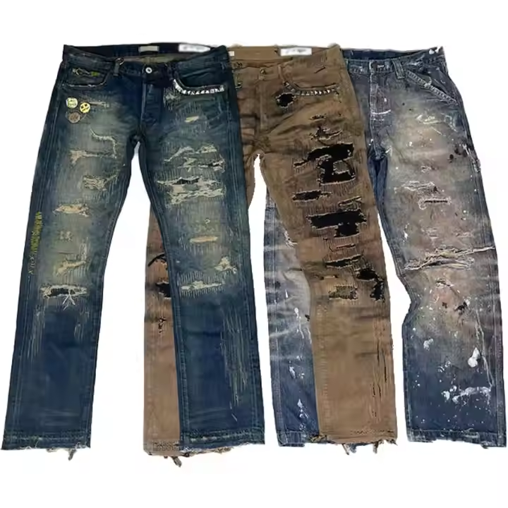 Custom Men’s Distressed Denim Jeans Mid Waist Flat Front Wide Leg Ripped Style 100% Cotton Heavyweight High Street Blue