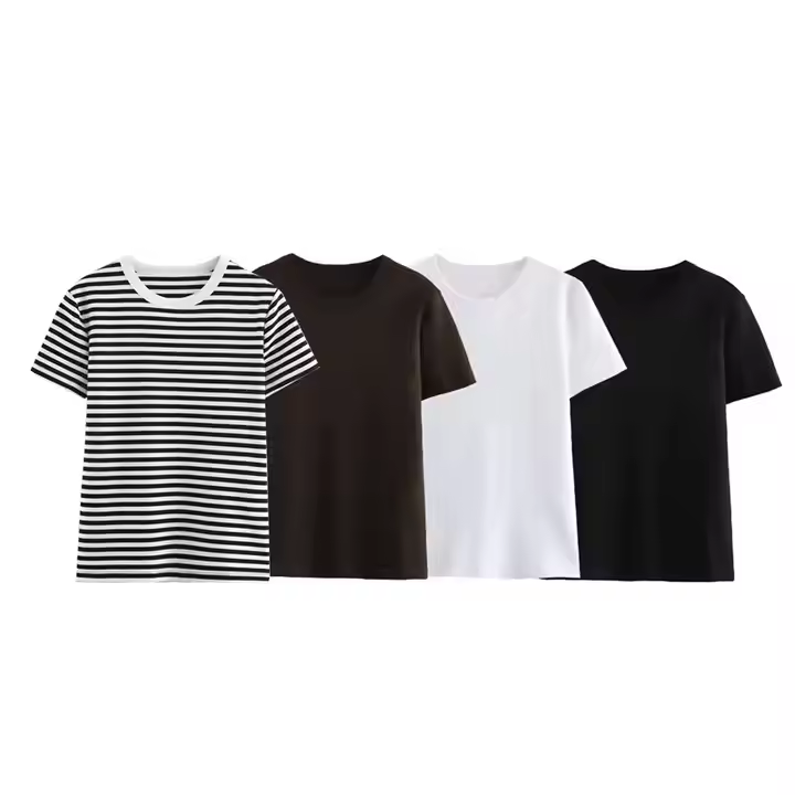 Spring New Comfortable Versatile Simple Striped Slim Short Sleeve Round Neck T-shirt