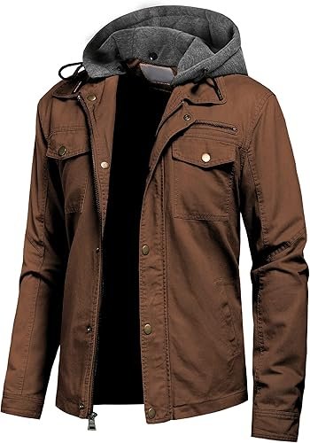 Pursky Men’s Canvas Cotton Military Casual Field Jacket Outerwear With Removable Hood
