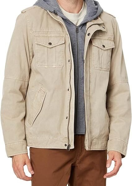 Levi's Men's Washed Cotton Hooded Military Jacket Stone-Sherpa Lined